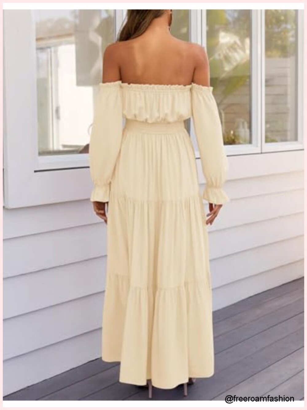 Off Shoulder Maxi Dress with Puff Sleeves and Side Split - Flowy A-Line, High - Picture 3 of 6